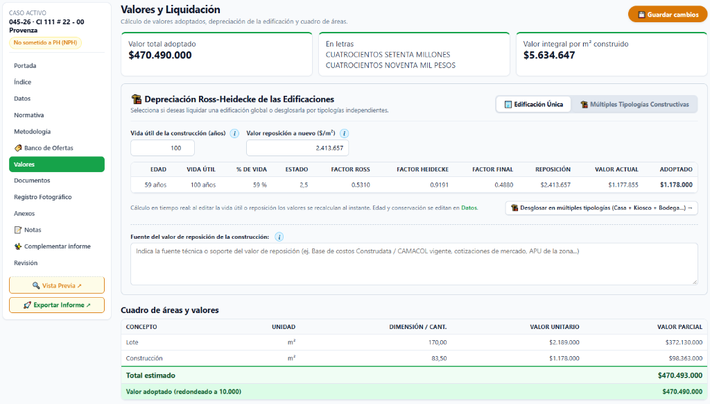 Mesa de Avalúos - Espacio de trabajo del avaluador con liquidación y depreciación Ross-Heidecke